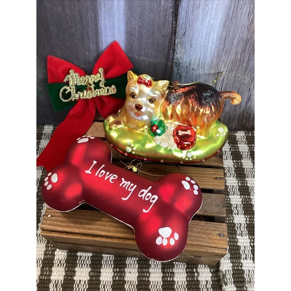 Charming Yorkie Hand Blown Glass Christmas Tree Ornament + I Love My Dog Bone